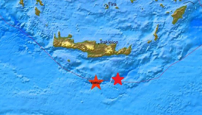 Δύο σεισμοί νότια της Κρήτης μεσα σε μιάμιση ώρα