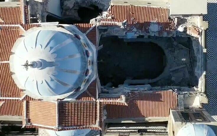 Δείτε την τεράστια καταστροφή στον ναό Κοιμήσεως Θεοτόκου στο Καρλόβασι από ψηλά (βίντεο)