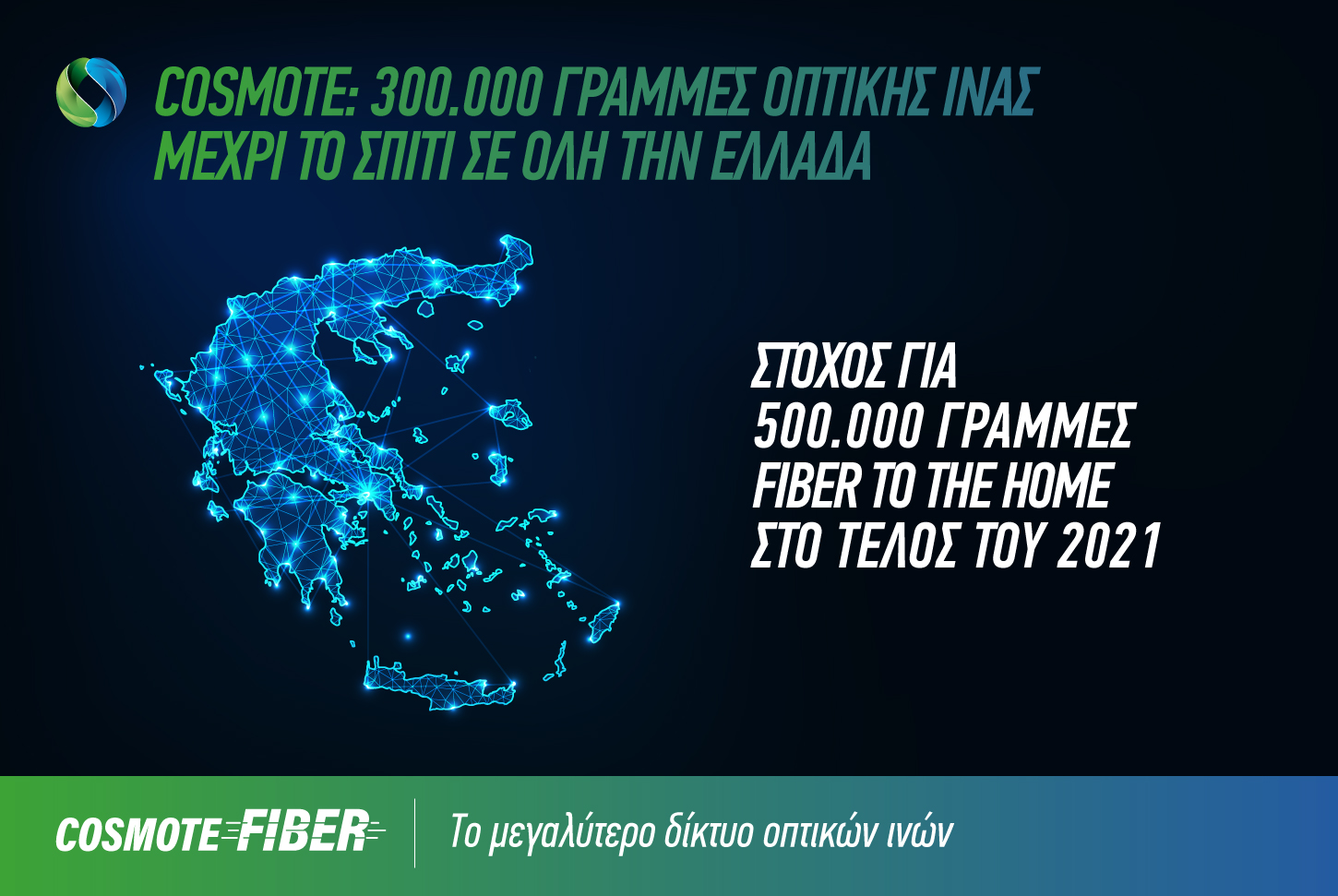COSMOTE: πέτυχε τον φιλόδοξο στόχο των 300.000 γραμμών Fiber to the Home σε όλη την Ελλάδα