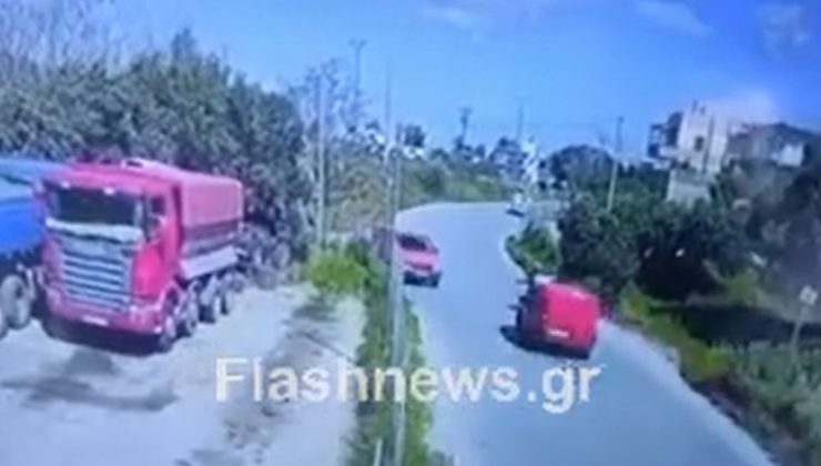 Αποκαλυπτικό βίντεο: Καρέ καρέ η στιγμή που το αυτοκίνητο χτυπά τον διανομέα στα Χανιά